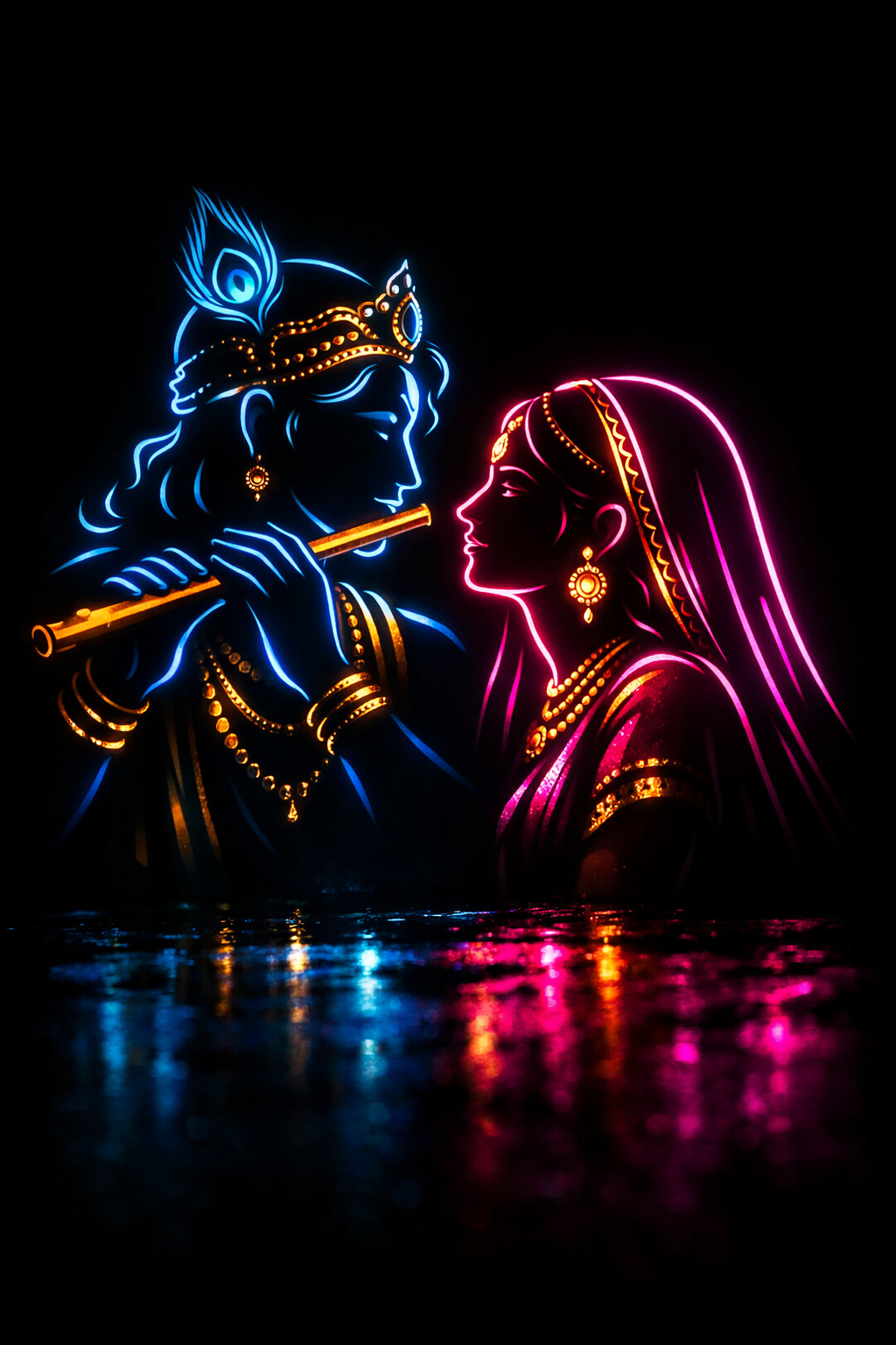 Modern Radha Krishna neon glow art with blue and magenta outlines on black reflecting wet ground